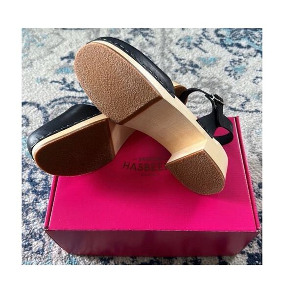 New $248 Womens 8 Covered Swedish Hasbeens Matte Black Clogs Mules Low 2” Heel - Picture 11 of 13